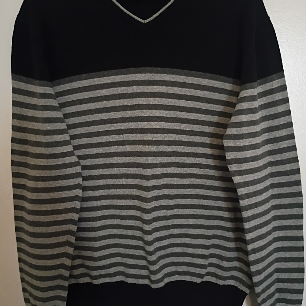 ARMI Men's‎ Classic V-Neck Black and Gray Striped Sweater 100% Cotton Sz XL